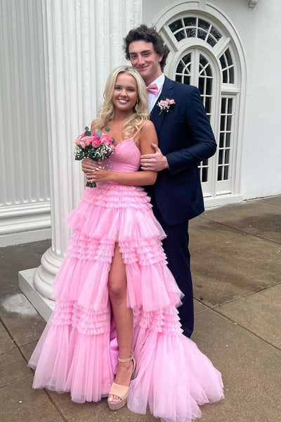 Fairy Ball Gown V Neck Pink Tulle Prom Dresses with Slit AB040905