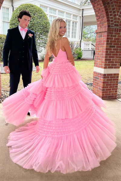 Fairy Ball Gown V Neck Pink Tulle Prom Dresses with Slit AB040905