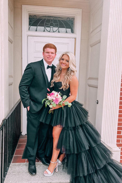 Cute Hight-Low Sweetheart Black Tulle Long Prom Dresses with Lace AB041401