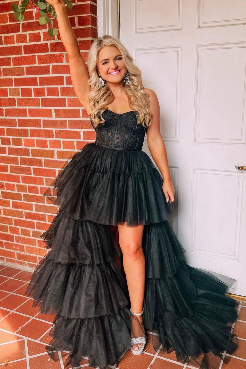 Cute Hight-Low Sweetheart Black Tulle Long Prom Dresses with Lace AB041401