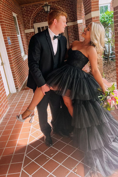 Cute Hight-Low Sweetheart Black Tulle Long Prom Dresses with Lace AB041401