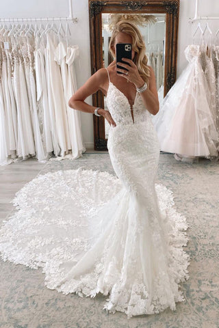 Charming Elegant Mermaid V Neck Lace Wedding Dresses AB041402