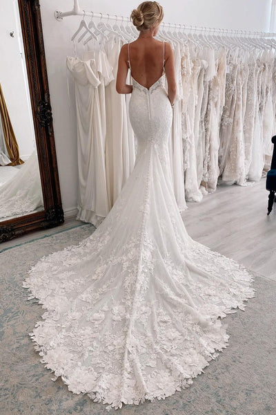 Charming Elegant Mermaid V Neck Lace Wedding Dresses AB041402