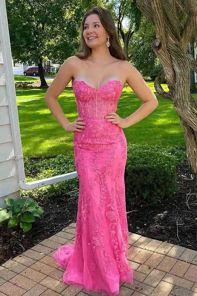 Cute Mermaid Sweetheart Hot Pink Lace Prom Dresses with Cross Back ...