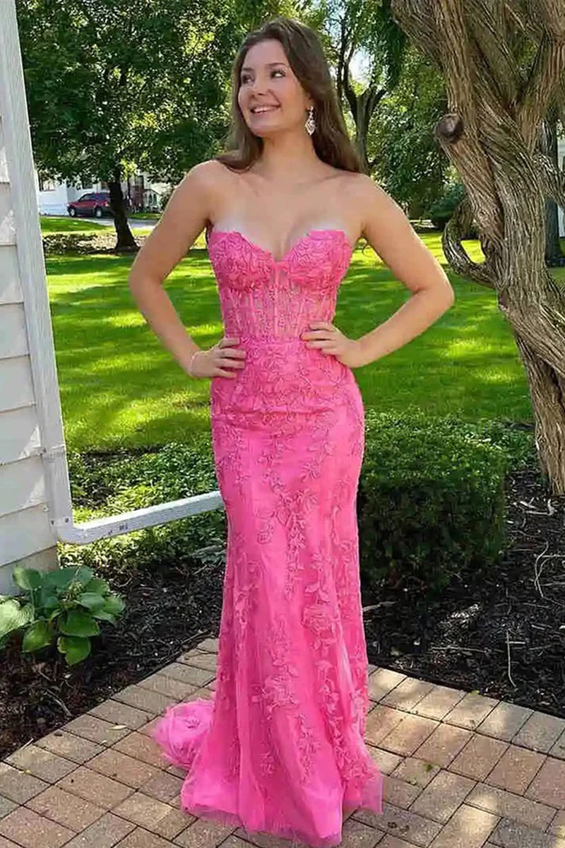 Cute Mermaid Sweetheart Hot Pink Lace Prom Dresses with Cross Back AB081502