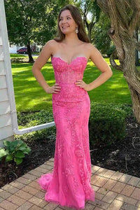 Cute Mermaid Sweetheart Hot Pink Lace Prom Dresses with Cross Back ...