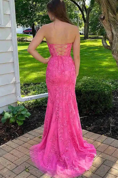 Cute Mermaid Sweetheart Hot Pink Lace Prom Dresses with Cross Back AB081502