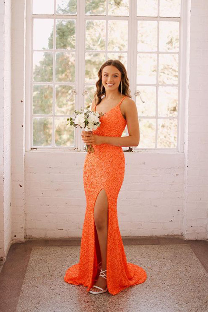 Cute Mermaid V Neck Straps Orange Sequins Prom Dresses with Slit AB081504 Anniebride Cute Mermaid V Neck Straps Orange Sequins Prom Dresses with Slit AB081504 Anniebride