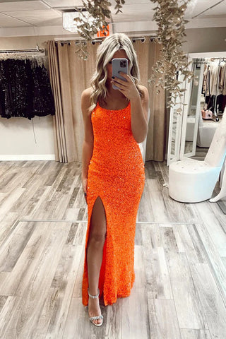 Cute Sparkly Mermaid Scoop Neck Orange Sequins Long Prom Dresses with Slit AB081513