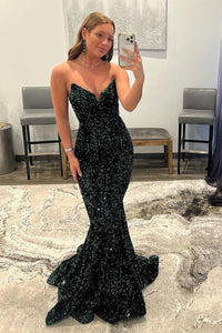 Fashion Strapless V Neck Mermaid Dark Green Sequins Long Prom Dresses  AB081523