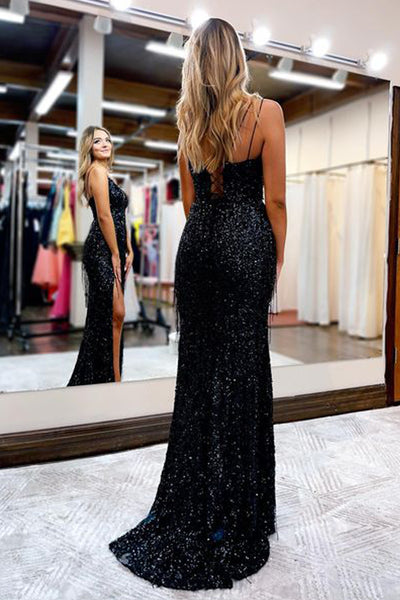 Fashion Mermaid V Neck Black Velvet Sequins Long Prom Dresses with Slit AB081529