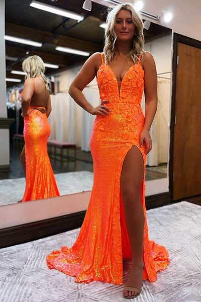 Fashion Mermaid V Neck Orange Sequins Long Prom Dresses with Slit AB081533