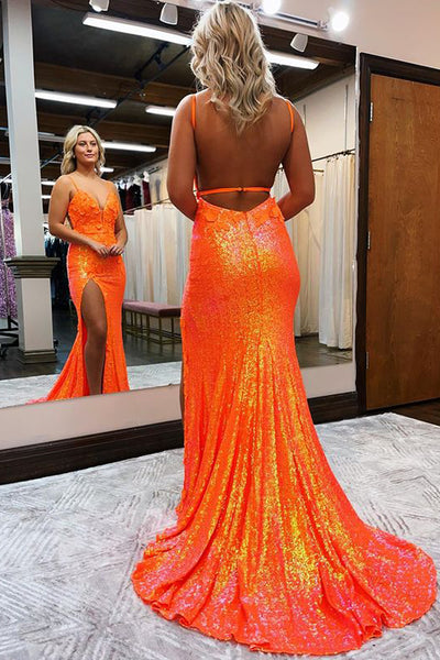 Fashion Mermaid V Neck Orange Sequins Long Prom Dresses with Slit AB081533