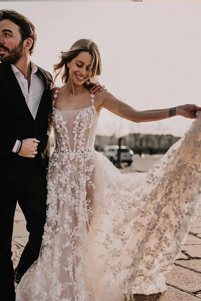 Boho A Line Scoop Neck Lace Beach Wedding Dresses AB081548 Anniebride Boho A Line Scoop Neck Lace Beach Wedding Dresses AB081548 Anniebride