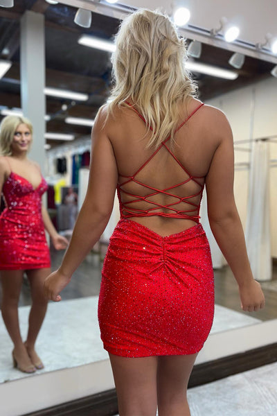 Sexy Charming Bodycon V Neck Red Beading Short Homecoming Dresses AB081604