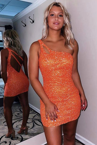 Cute Sparkly Bodycon One Shoulder Orange Sequins Short Homecoming Dresses AB081606