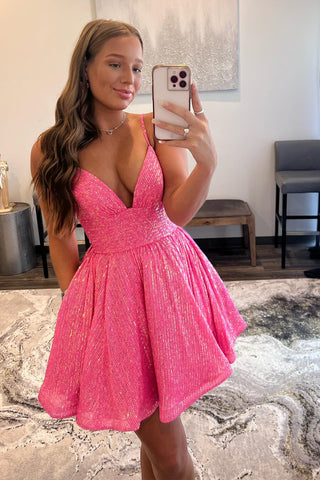 Cute Sparkly A Line V Neck Hot Pink Sequins Short Homecoming Dresses AB081607