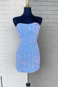 Fashion Strapless Light Blue Sparkly Sequins Short Homecoming Dresses AB081621