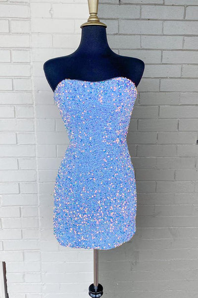 Fashion Strapless Light Blue Sparkly Sequins Short Homecoming Dresses AB081621