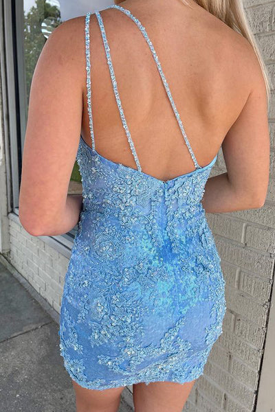 Fashion Cute One Shoulder Sparkly Light Blue Sequins Short Homecoming Dresses with Appliques AB081623