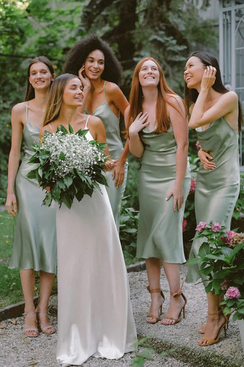 Charming Sheath Cowl Neck Sage Green Silk Satin Tea Length Bridesmaid Dresses AB081636 – Anniebride