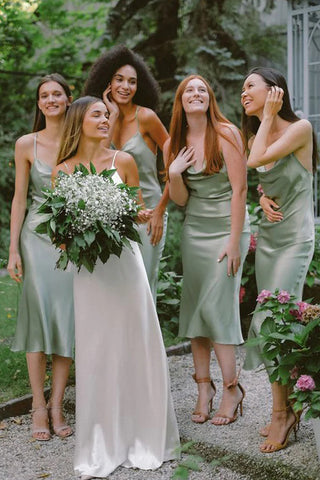 Charming Sheath Cowl Neck Sage Green Silk Satin Tea Length Bridesmaid Dresses AB081636