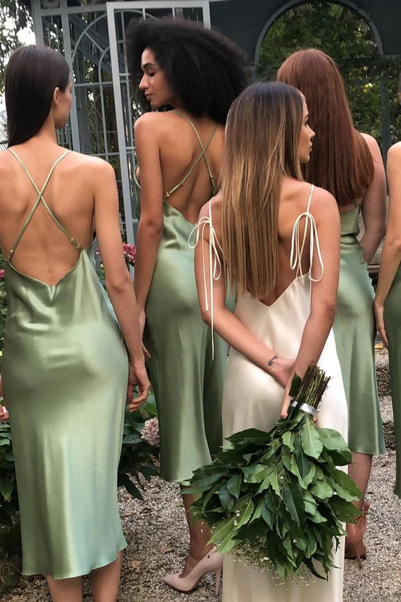 Charming Sheath Cowl Neck Sage Green Silk Satin Tea Length Bridesmaid Dresses AB081636 Charming Sheath Cowl Neck Sage Green Silk Satin Tea Length Bridesmaid Dresses AB081636