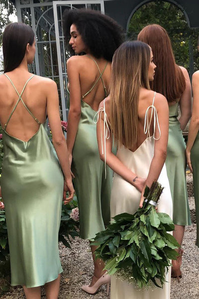 Charming Sheath Cowl Neck Sage Green Silk Satin Tea Length Bridesmaid Dresses AB081636