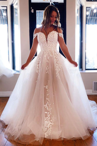 Ball Gown Off the Shoulder Tulle Wedding Dresses with Appliques AB081804