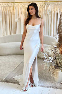 Charming Mermaid Cowl Neck Silk Satin Wedding Dresses with Slit AB081805