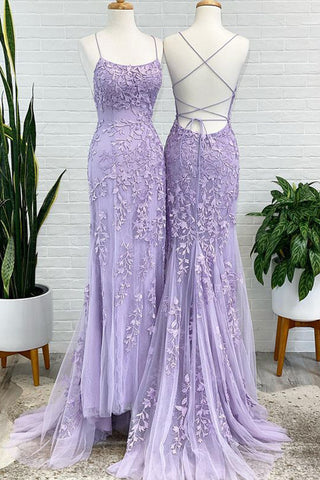 Charming Mermaid Scoop Neck Lavender Lace Prom Dresses with Beading AB081809