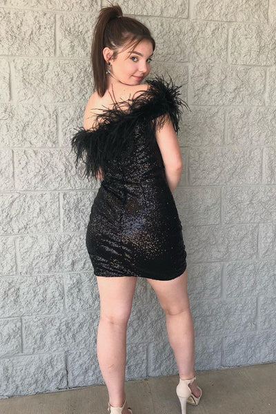 Cute Sparkly One Shoulder Black Sequins Short Homecoming Dresses with Feather AB082604