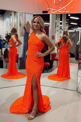 Sparkly Mermaid One Shoulder Orange Sequins Long Prom Dresses with Slit AB082606