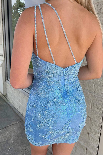 Cute Sparkly Bodycon One Shoulder Blue Sequins Short Homecoming Dresses AB082706