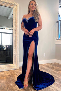 Elegant Mermaid Royal Blue Velvet Prom Dresses with Slit AB082707