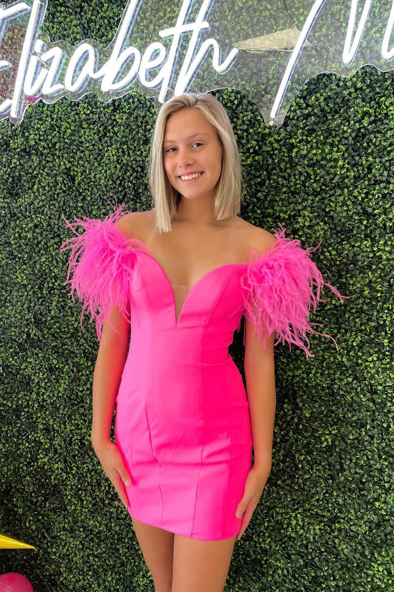 Cute Off the Shoulder Hot Pink Short Homecoming Dresses with Feather A – Anniebride