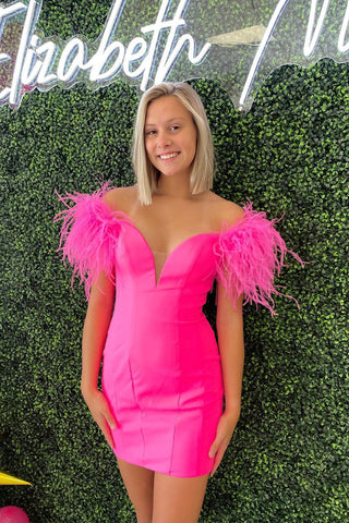 Cute Off the Shoulder Hot Pink Short Homecoming Dresses with Feather AB082802