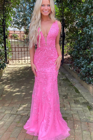 Charming Mermaid V Neck Hot Pink Lace Long Prom Dresses AB082904