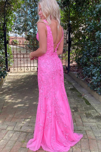 Charming Mermaid V Neck Hot Pink Lace Long Prom Dresses AB082904