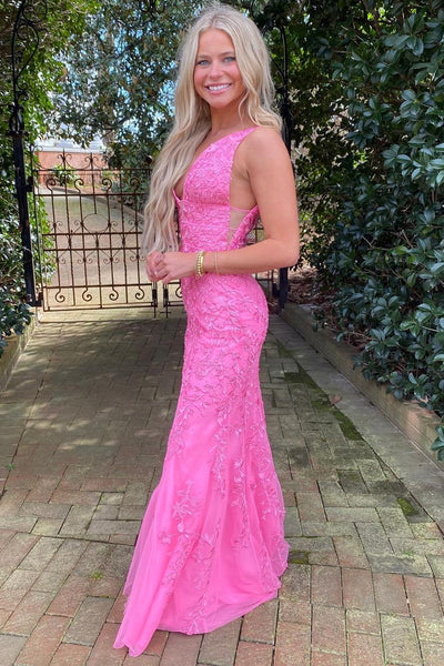 Charming Mermaid V Neck Hot Pink Lace Long Prom Dresses AB082904