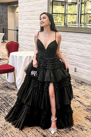 Charming Ball Gown V Neck Black Tulle Long Prom Dresses with Slit AB082906