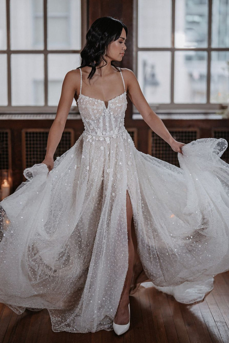 Gorgeous A Line Sparkly Tulle Wedding Dresses with Slit AB083001 – Anniebride