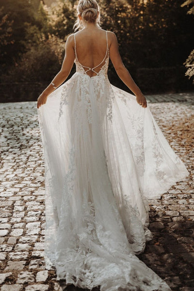 Elegant A Line V Neck Tulle Lace Wedding Dresses AB083002