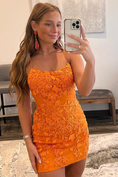 Cute Bodycon Scoop Neck Orange Lace Homecoming Dresses with Beading AB083004