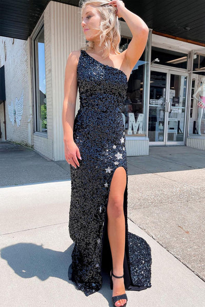 Charming Sparkly Mermaid One Shoulder Black Sequins Long Prom Dresses with Stars AB083005