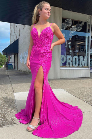 Sparkly Mermaid V Neck Fuchsia Sequins Long Prom Dresses with Appliques AB083006