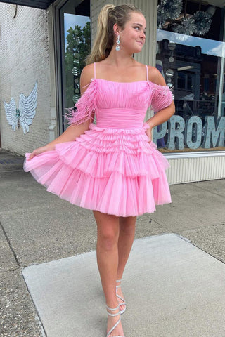 Cute A Line Scoop Neck Pink Tulle Homecoming Dresses with Feather AB083007