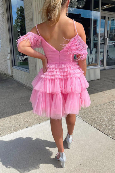 Cute A Line Scoop Neck Pink Tulle Homecoming Dresses with Feather AB083007