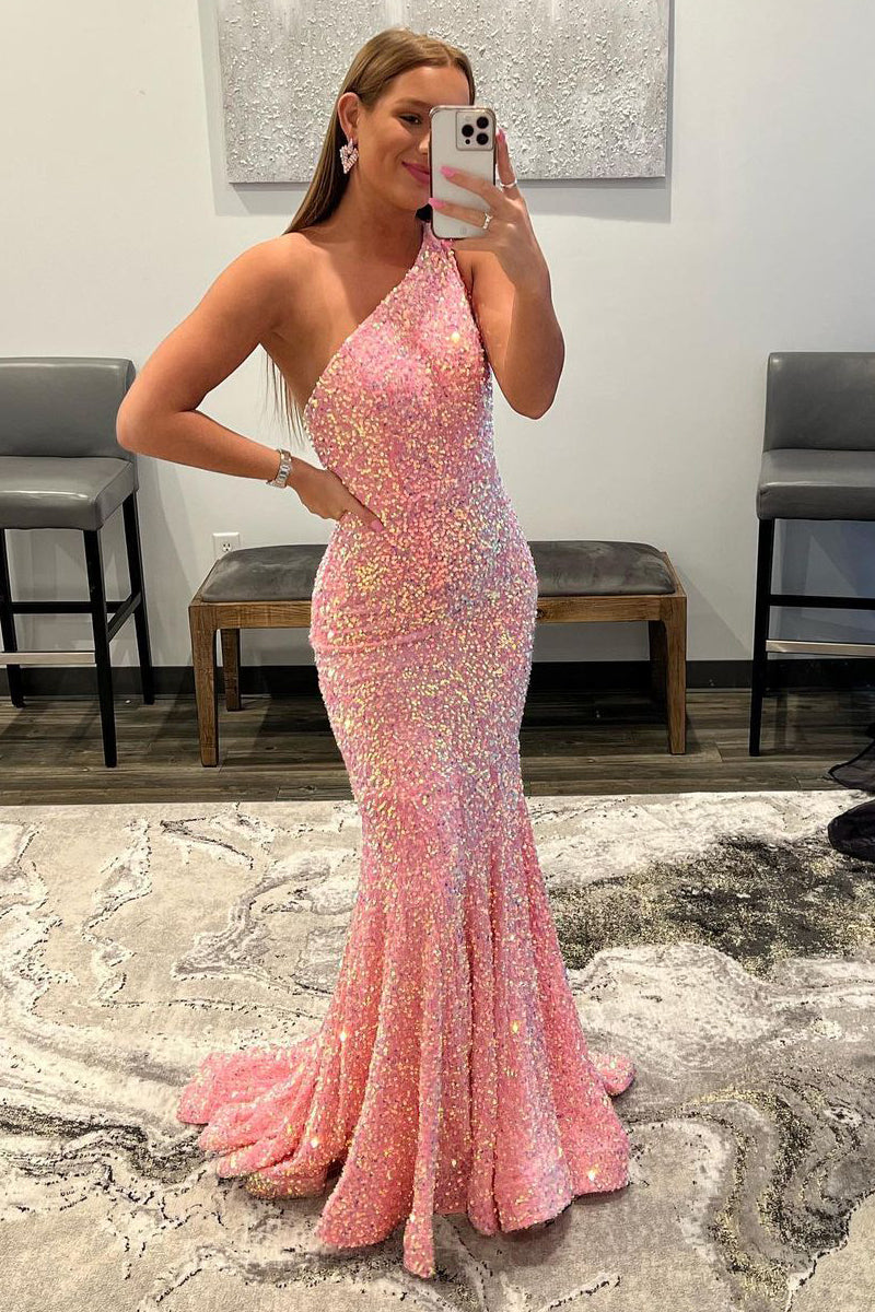Charming Sparkly Mermaid One Shoulder Pink Sequins Long Prom Dresses AB083101