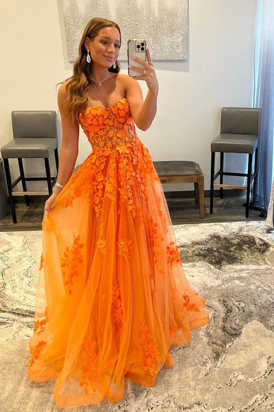 Cute Ball Sweetheart Orange 3D Appiques Prom Dresses AB083105